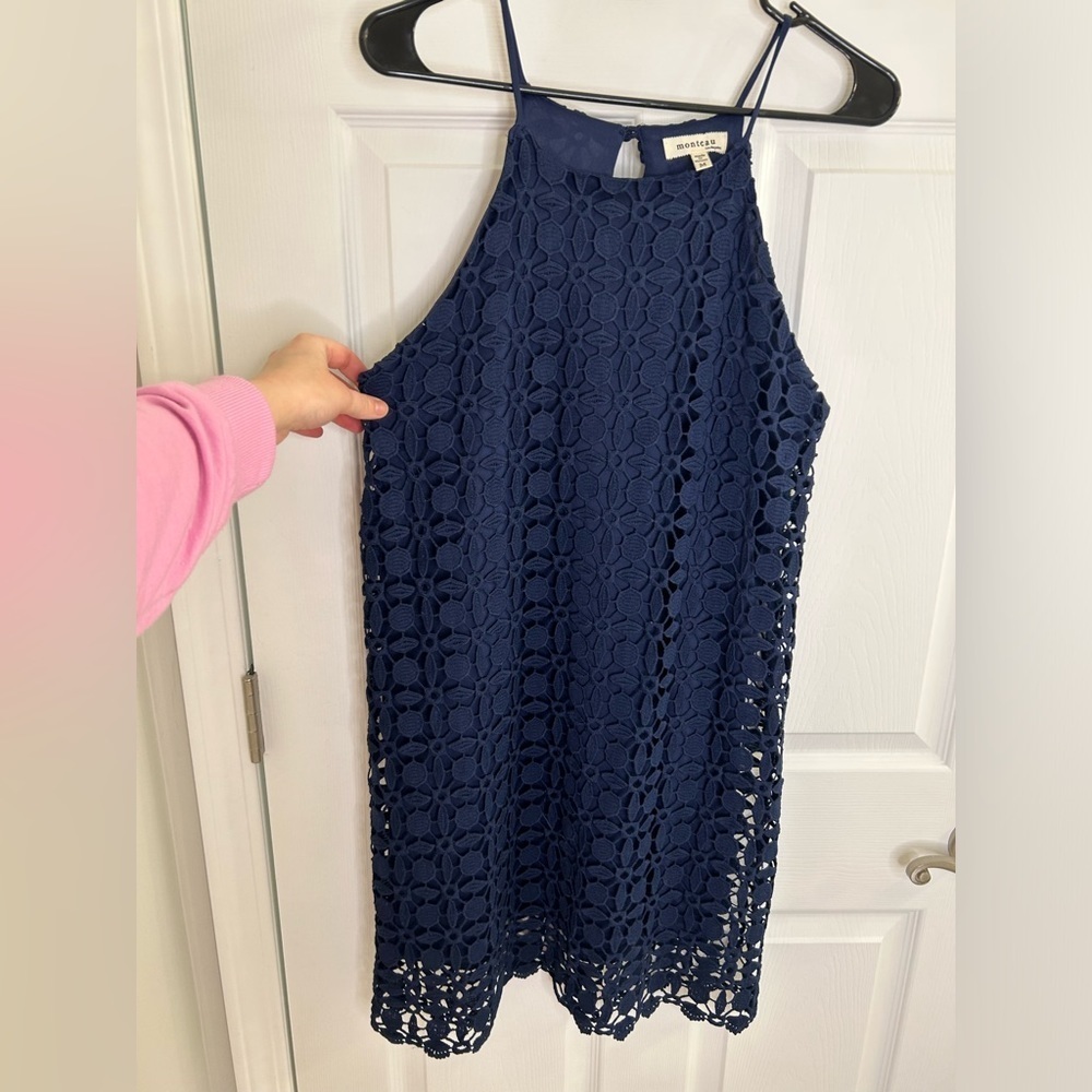 Monteau Women's Navy Blue Lace Strappy Mid Length Dress Size M Lined - NWOT